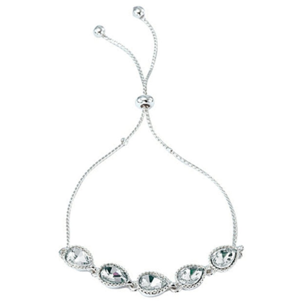 New Avon Pear Shaped Clear Stone Silver Tone Chain Adjustable Pull Cord Bracelet